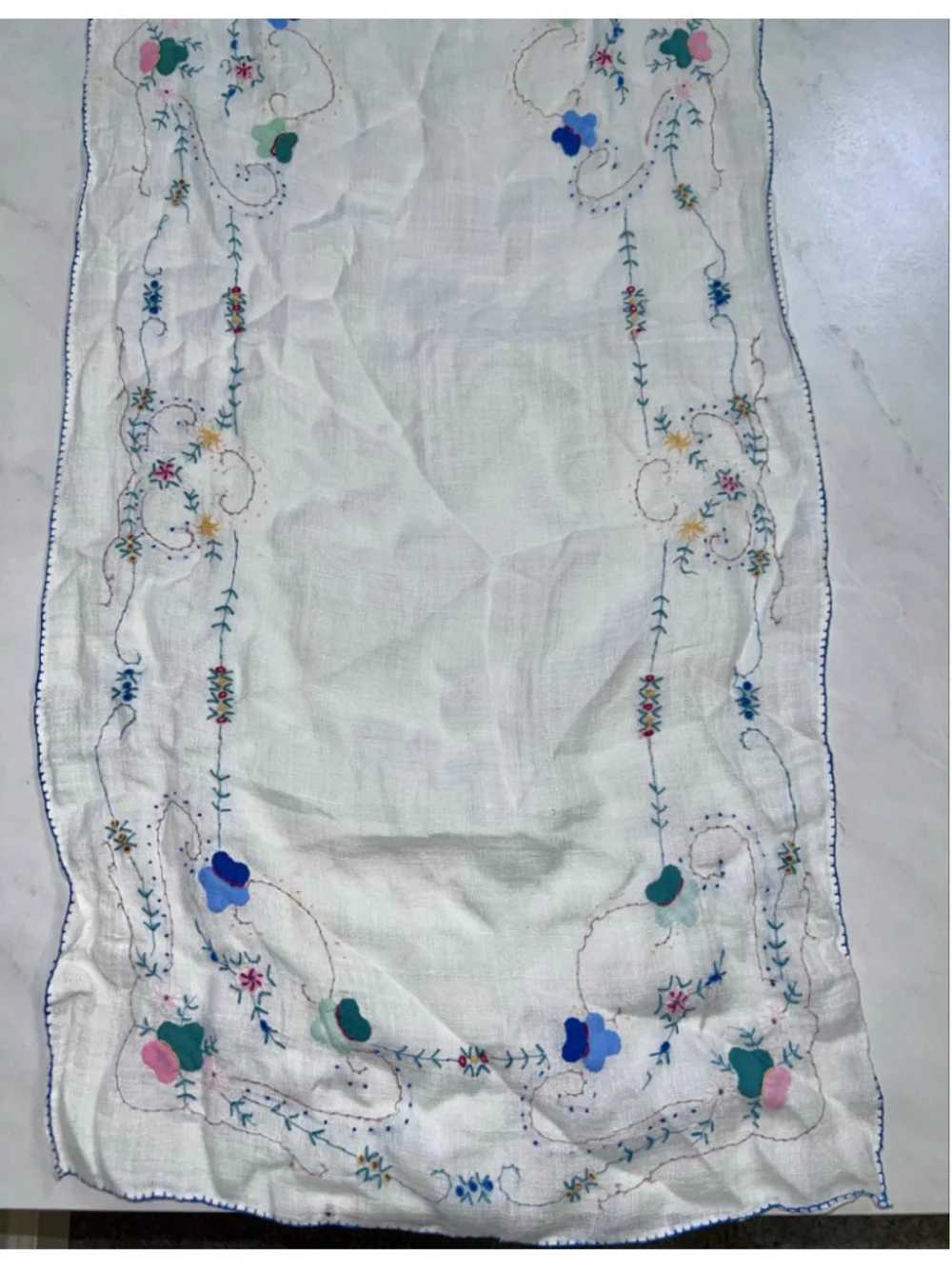 Unbranded Table Runner One Size White Multi-color Floral Embroidered Linen